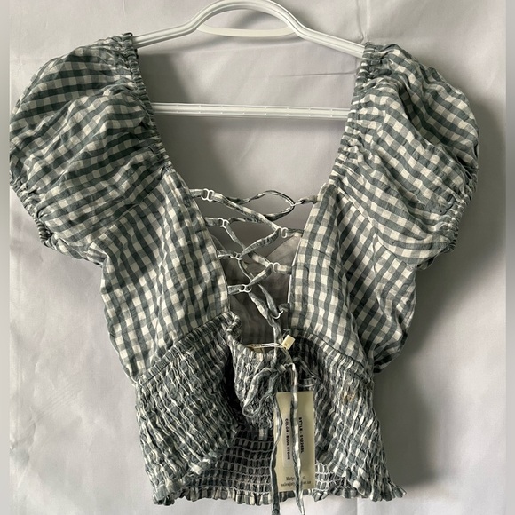 NWT Sim & Sam Top Women’s M Puff Sleeve Green White Corset Back Corset Stretch - Picture 2 of 4